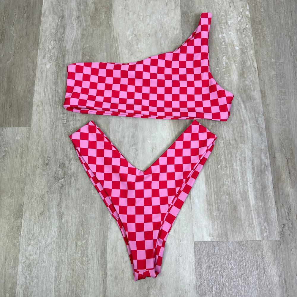 Skatie Bikini TOP ONLY Daytona Pink & Red Checkered One-Shoulder top - Picture 2 of 4